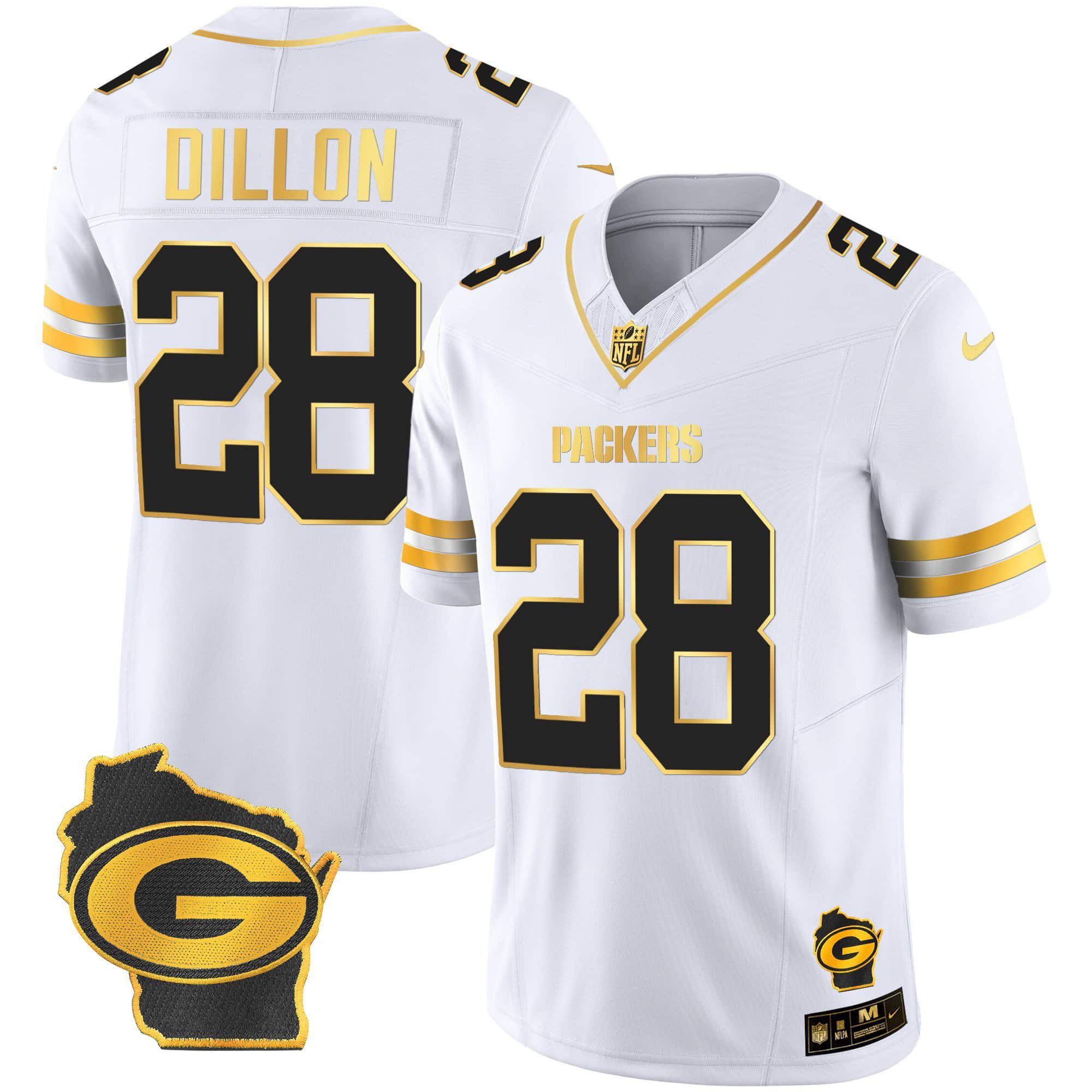 Men Green Bay Packers #28 Dillon White Gold 2024 Nike Home Patch Vapor NFL Jersey